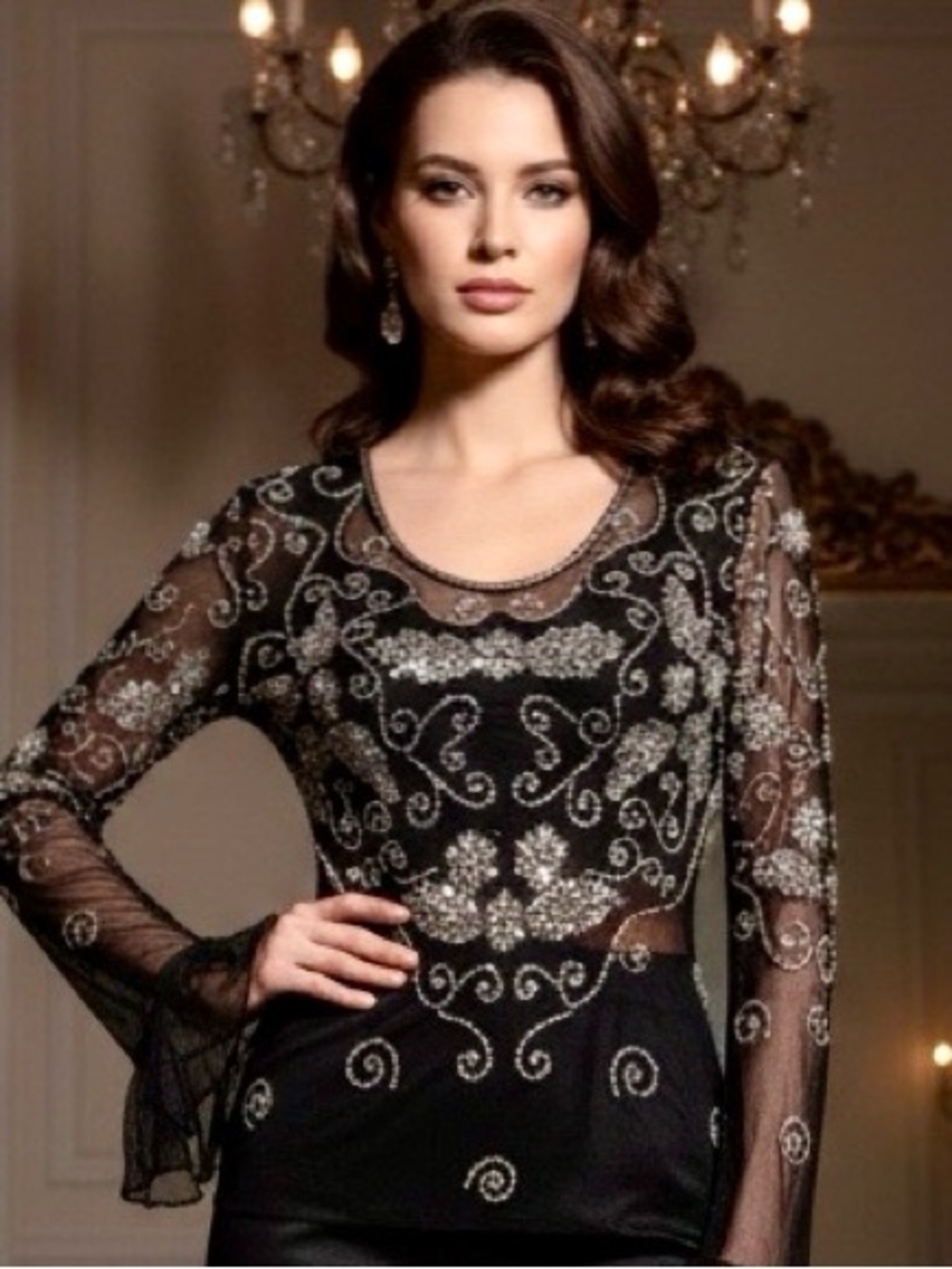 Women's Black hand beaded top w/silver Beading stretch fabric, long bell sleeves